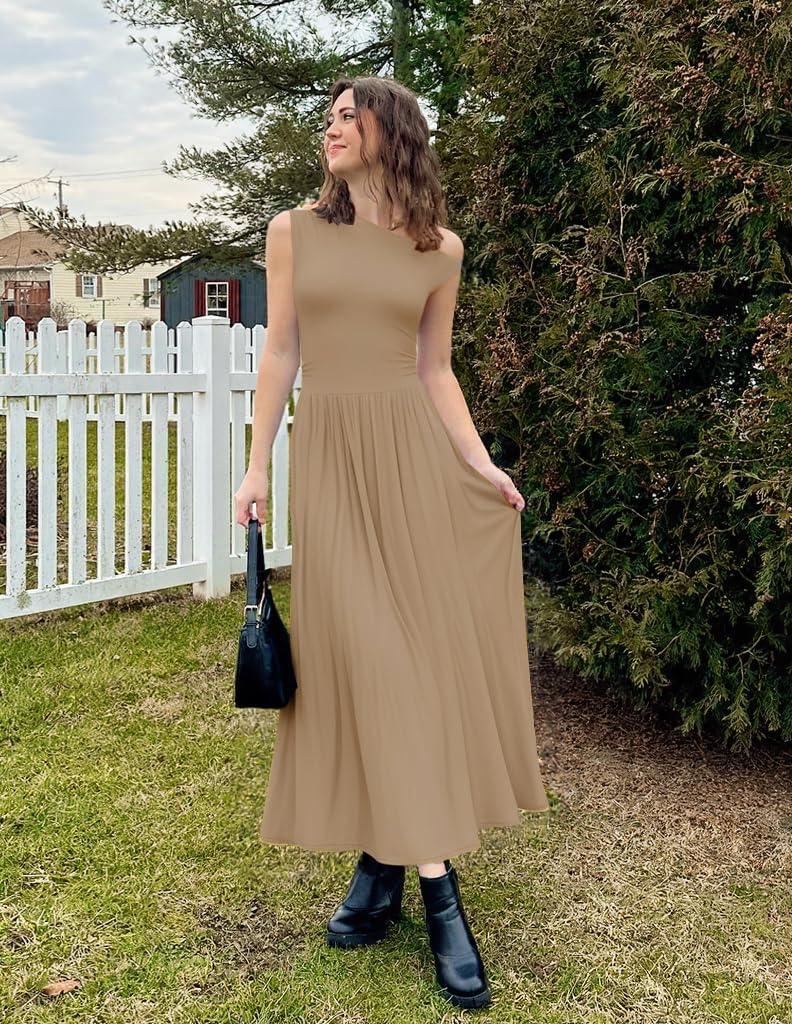 imageZESICA Womens Summer 2026 Sleeveless Maxi Dress One Shoulder Casual Slim Swing Pleated Formal Dresses with PocketsLightkhaki
