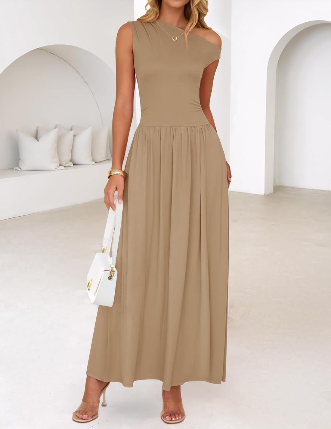 imageZESICA Womens Summer 2026 Sleeveless Maxi Dress One Shoulder Casual Slim Swing Pleated Formal Dresses with PocketsLightkhaki