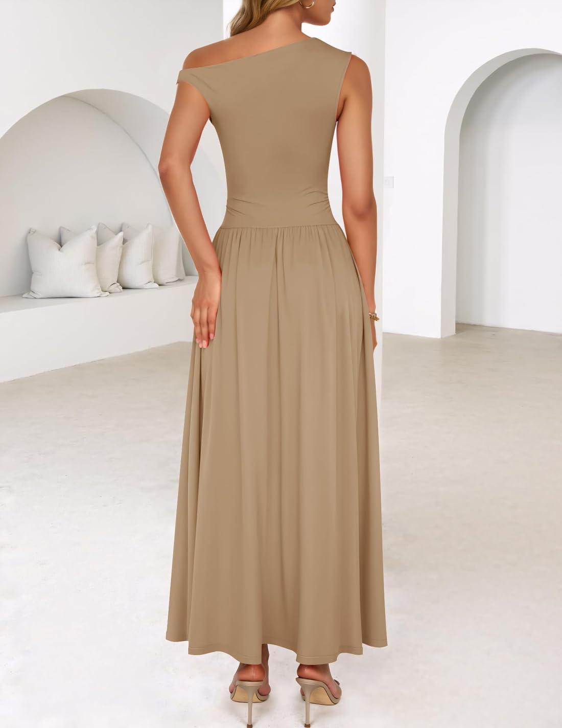 imageZESICA Womens Summer 2026 Sleeveless Maxi Dress One Shoulder Casual Slim Swing Pleated Formal Dresses with PocketsLightkhaki