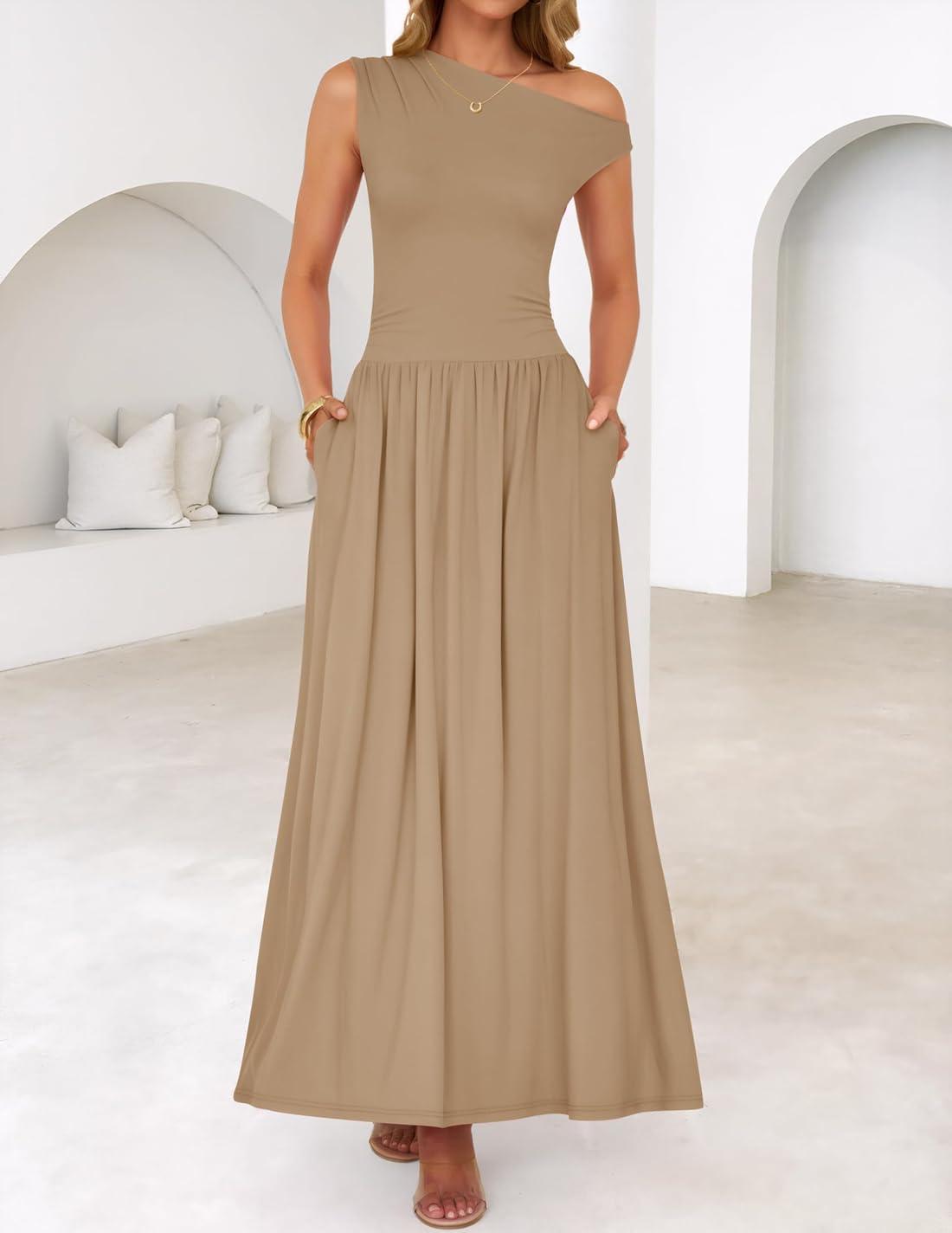imageZESICA Womens Summer 2026 Sleeveless Maxi Dress One Shoulder Casual Slim Swing Pleated Formal Dresses with PocketsLightkhaki