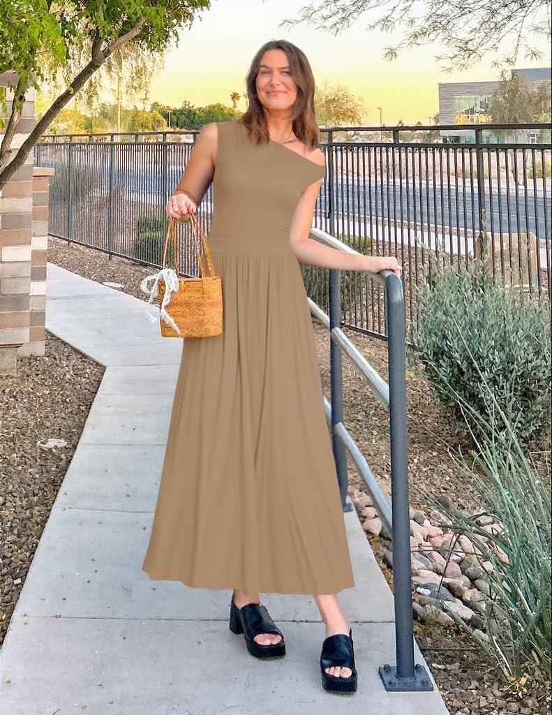 imageZESICA Womens Summer 2026 Sleeveless Maxi Dress One Shoulder Casual Slim Swing Pleated Formal Dresses with PocketsLightkhaki