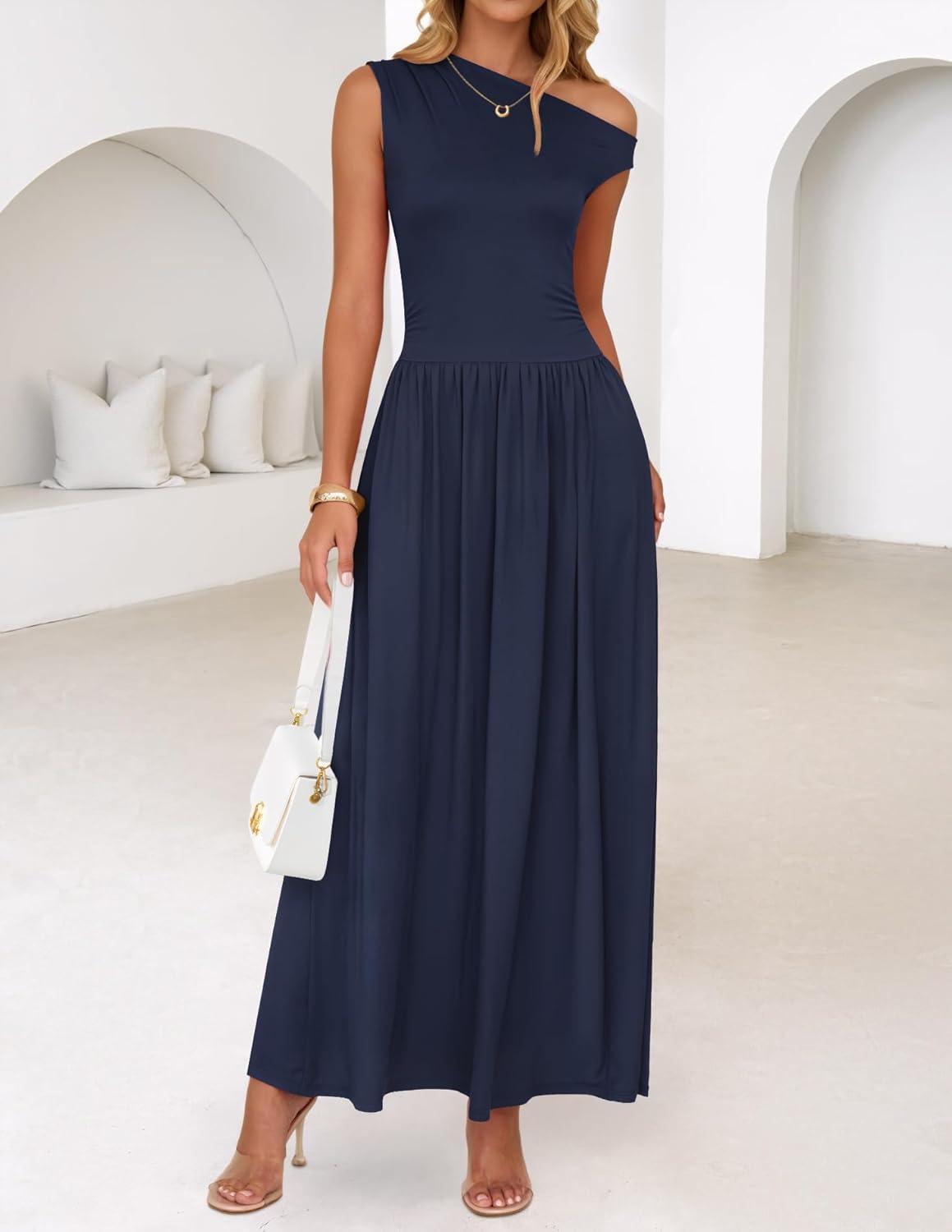 imageZESICA Womens Summer 2026 Sleeveless Maxi Dress One Shoulder Casual Slim Swing Pleated Formal Dresses with PocketsNavy
