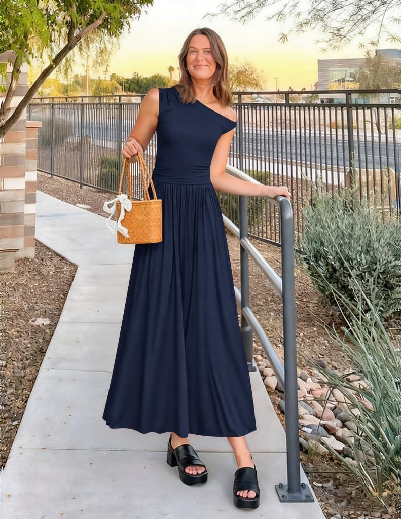 imageZESICA Womens Summer 2026 Sleeveless Maxi Dress One Shoulder Casual Slim Swing Pleated Formal Dresses with PocketsNavy