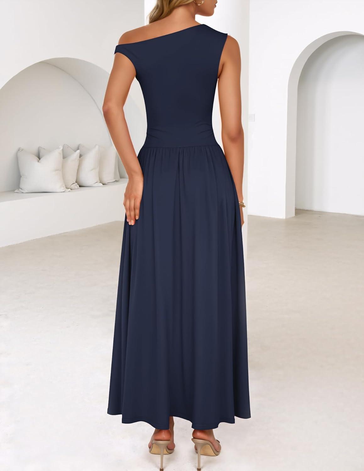 imageZESICA Womens Summer 2026 Sleeveless Maxi Dress One Shoulder Casual Slim Swing Pleated Formal Dresses with PocketsNavy