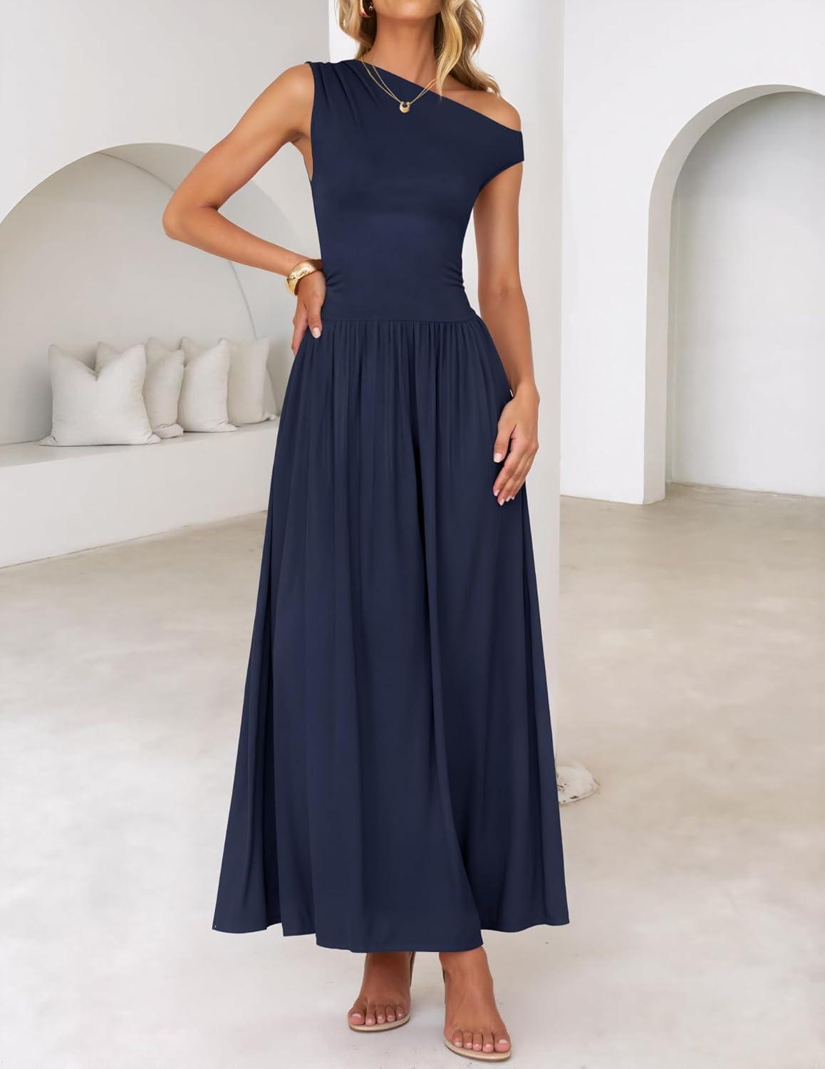 imageZESICA Womens Summer 2026 Sleeveless Maxi Dress One Shoulder Casual Slim Swing Pleated Formal Dresses with PocketsNavy
