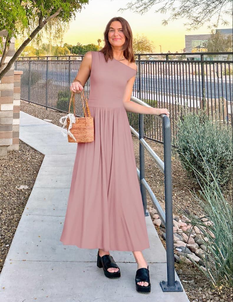 imageZESICA Womens Summer 2026 Sleeveless Maxi Dress One Shoulder Casual Slim Swing Pleated Formal Dresses with PocketsPink