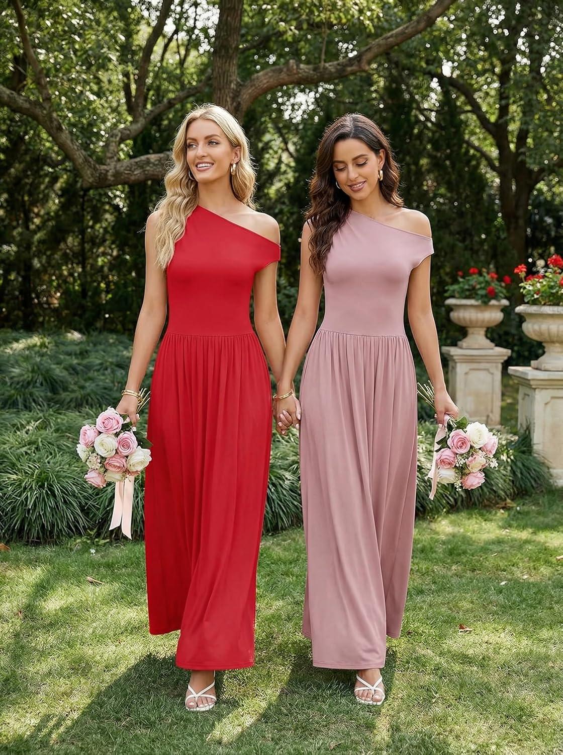 imageZESICA Womens Summer 2026 Sleeveless Maxi Dress One Shoulder Casual Slim Swing Pleated Formal Dresses with PocketsPink