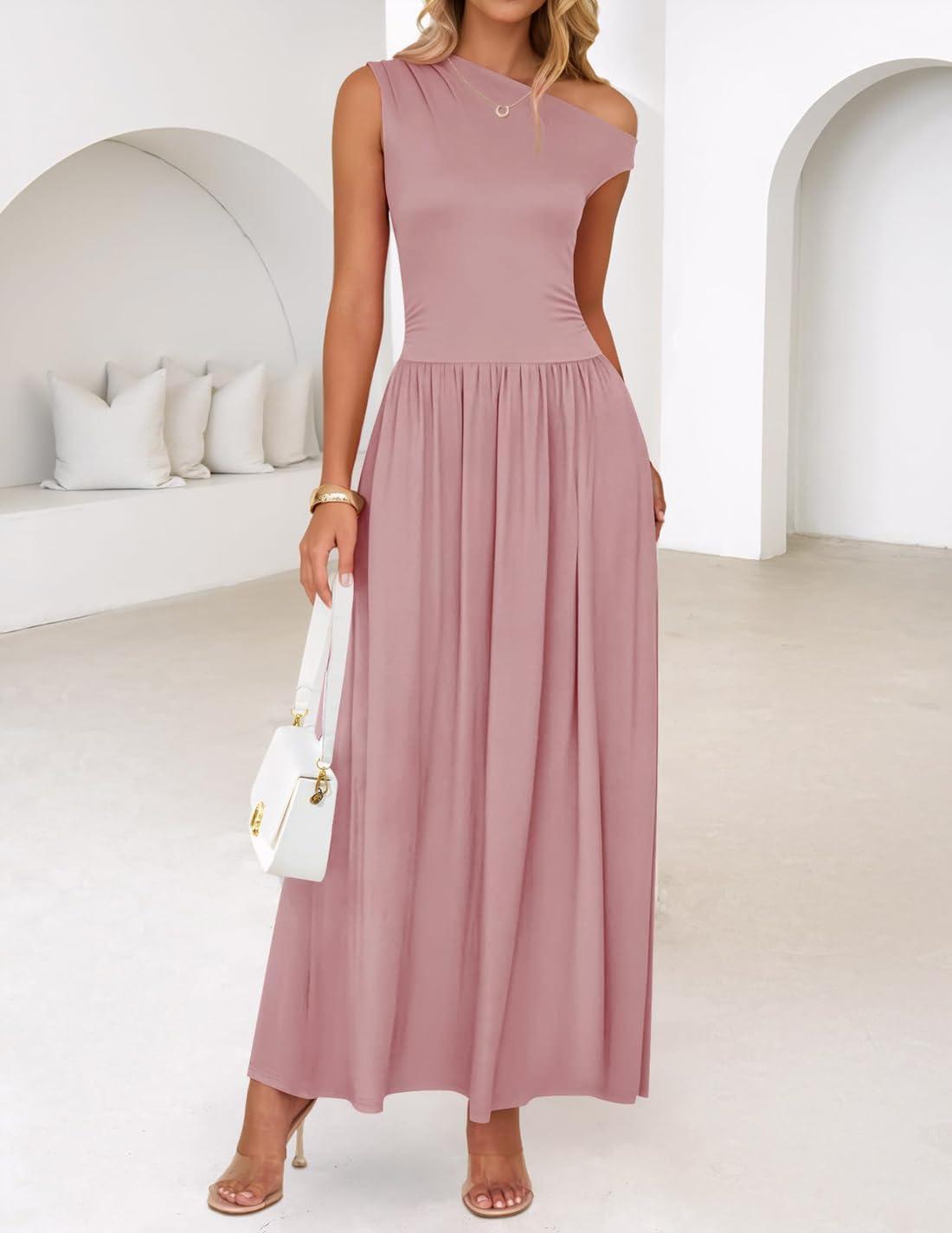 imageZESICA Womens Summer 2026 Sleeveless Maxi Dress One Shoulder Casual Slim Swing Pleated Formal Dresses with PocketsPink