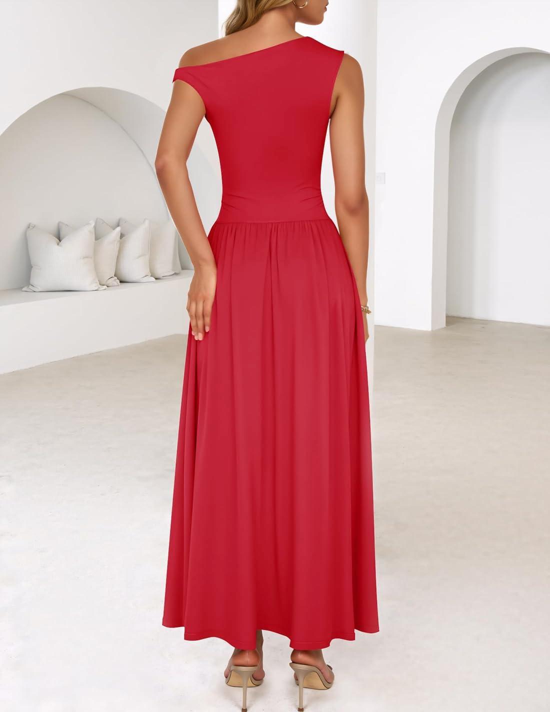 imageZESICA Womens Summer 2026 Sleeveless Maxi Dress One Shoulder Casual Slim Swing Pleated Formal Dresses with PocketsRed