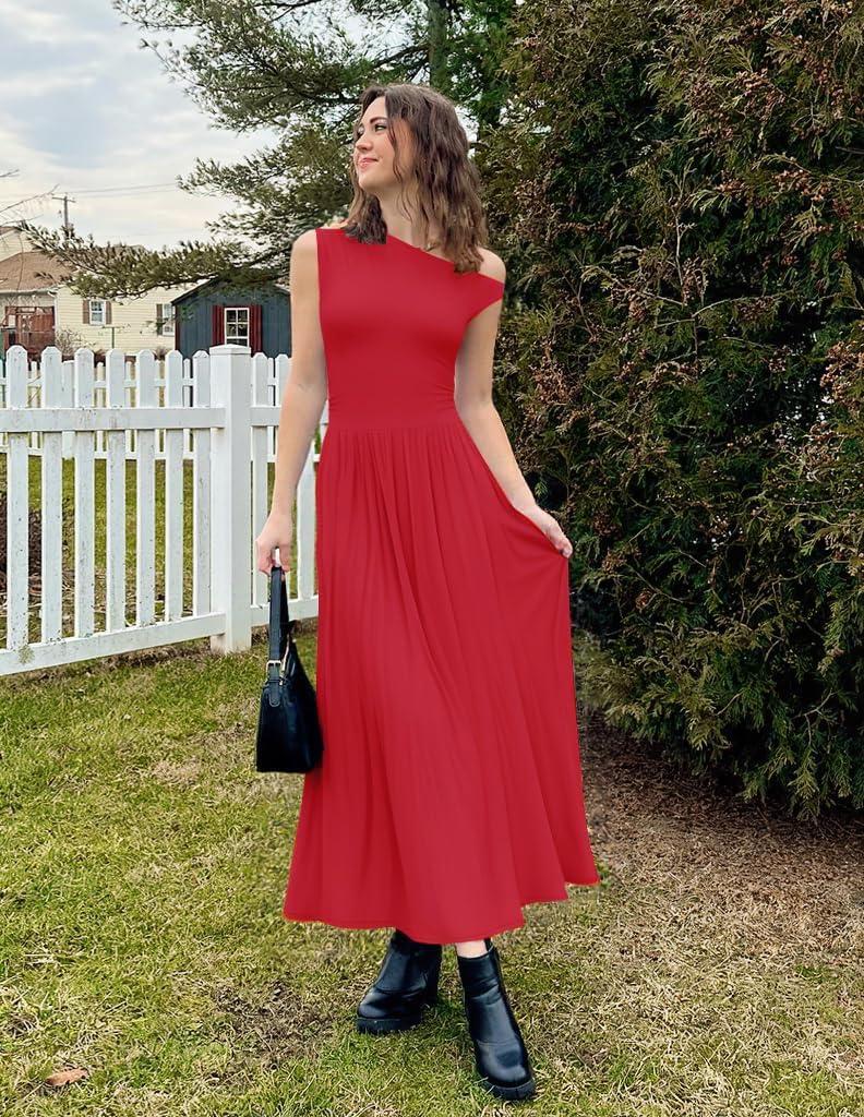 imageZESICA Womens Summer 2026 Sleeveless Maxi Dress One Shoulder Casual Slim Swing Pleated Formal Dresses with PocketsRed