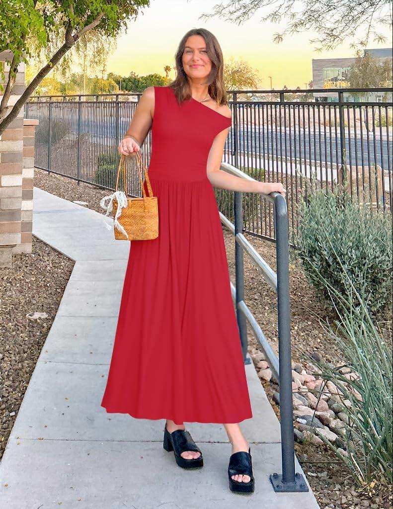 imageZESICA Womens Summer 2026 Sleeveless Maxi Dress One Shoulder Casual Slim Swing Pleated Formal Dresses with PocketsRed