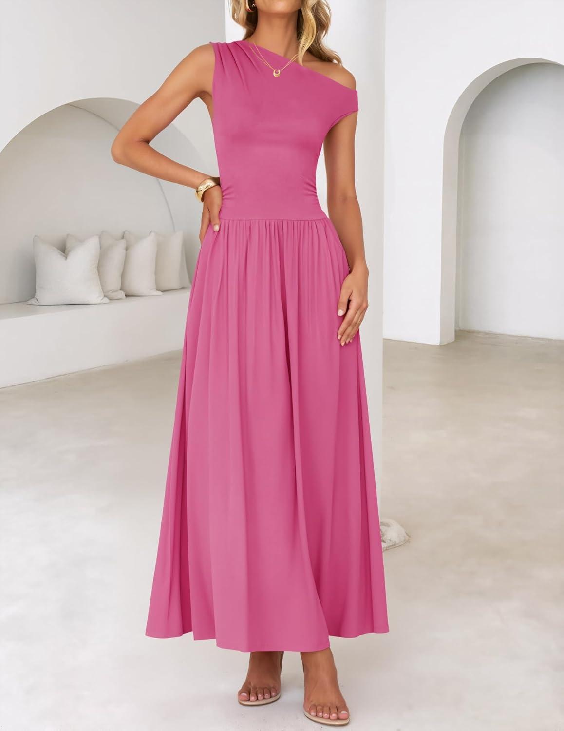 imageZESICA Womens Summer 2026 Sleeveless Maxi Dress One Shoulder Casual Slim Swing Pleated Formal Dresses with PocketsRose