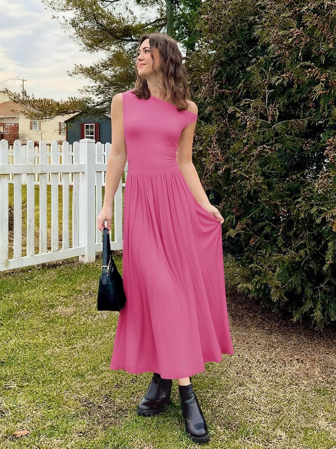 imageZESICA Womens Summer 2026 Sleeveless Maxi Dress One Shoulder Casual Slim Swing Pleated Formal Dresses with PocketsRose