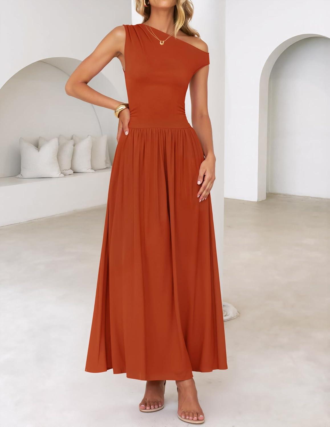 imageZESICA Womens Summer 2026 Sleeveless Maxi Dress One Shoulder Casual Slim Swing Pleated Formal Dresses with PocketsRustred