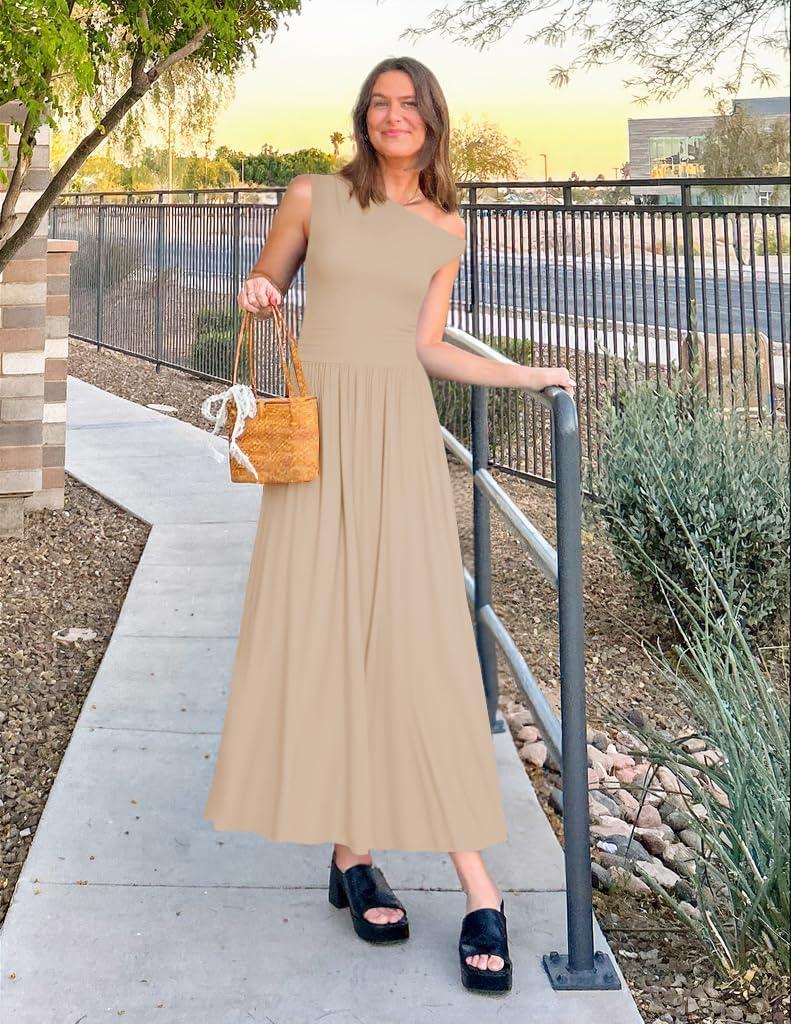 imageZESICA Womens Summer 2026 Sleeveless Maxi Dress One Shoulder Casual Slim Swing Pleated Formal Dresses with PocketsSand