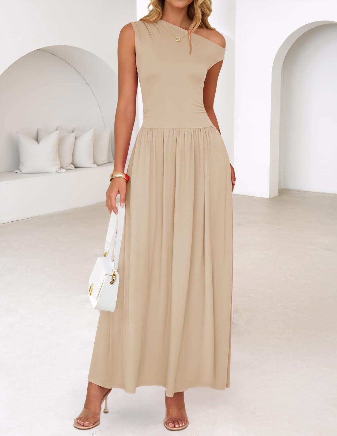 imageZESICA Womens Summer 2026 Sleeveless Maxi Dress One Shoulder Casual Slim Swing Pleated Formal Dresses with PocketsSand