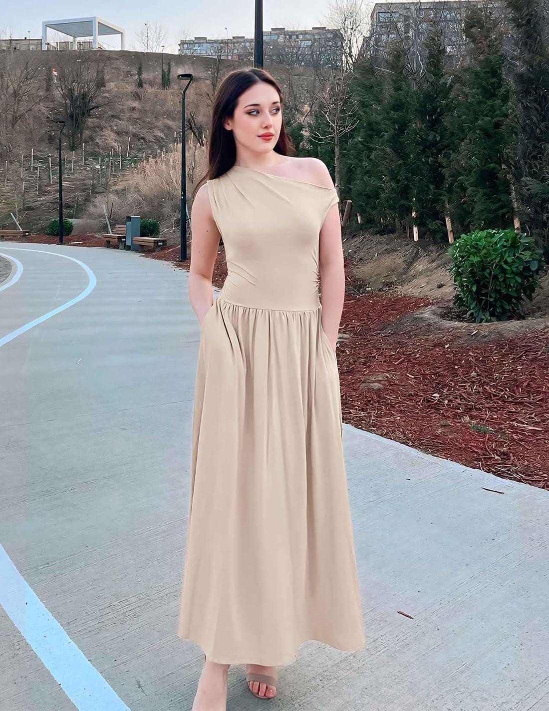 imageZESICA Womens Summer 2026 Sleeveless Maxi Dress One Shoulder Casual Slim Swing Pleated Formal Dresses with PocketsSand