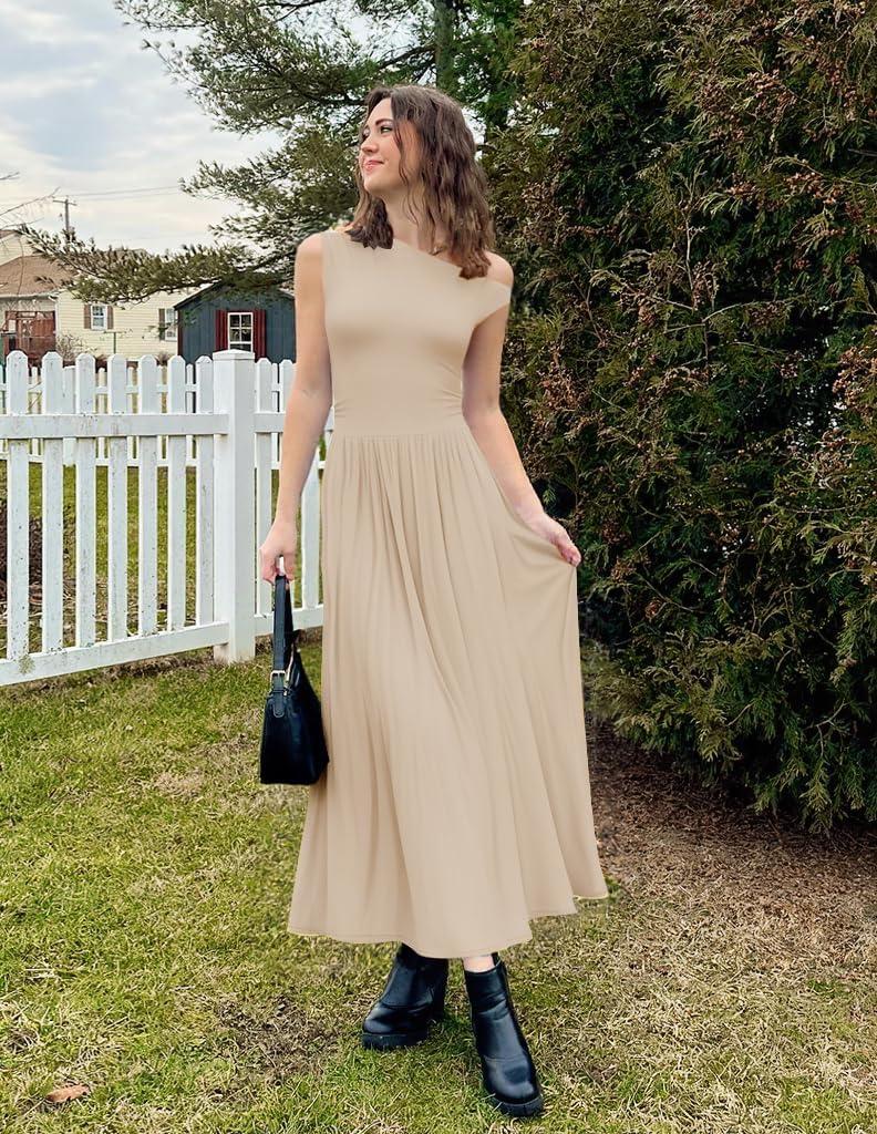 imageZESICA Womens Summer 2026 Sleeveless Maxi Dress One Shoulder Casual Slim Swing Pleated Formal Dresses with PocketsSand