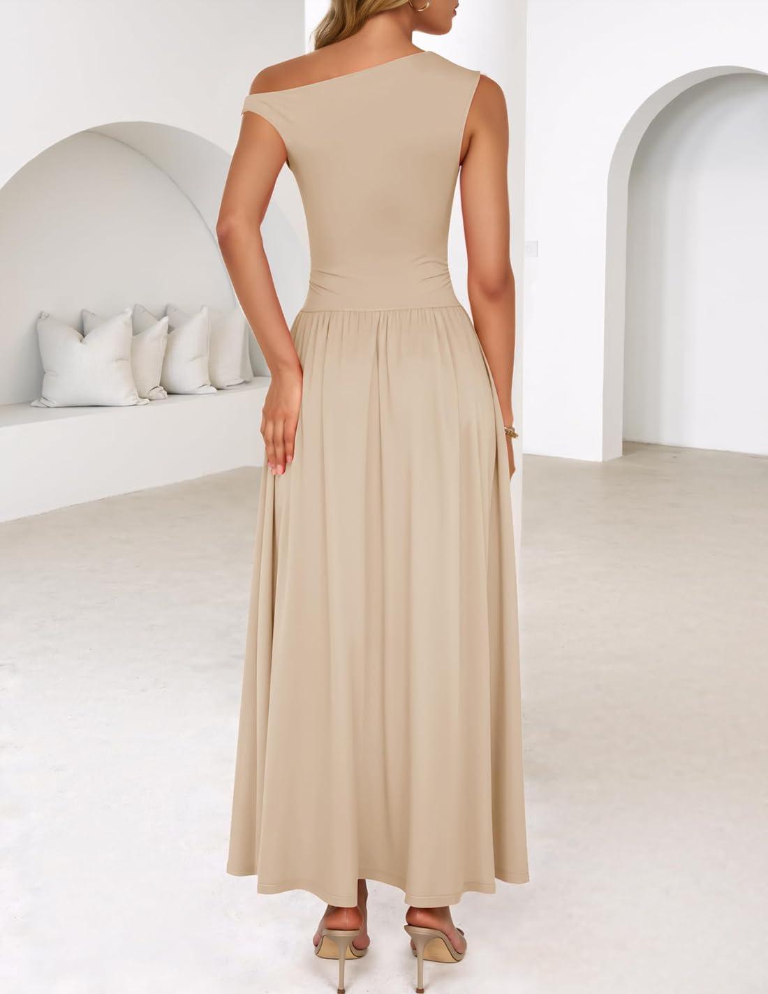imageZESICA Womens Summer 2026 Sleeveless Maxi Dress One Shoulder Casual Slim Swing Pleated Formal Dresses with PocketsSand