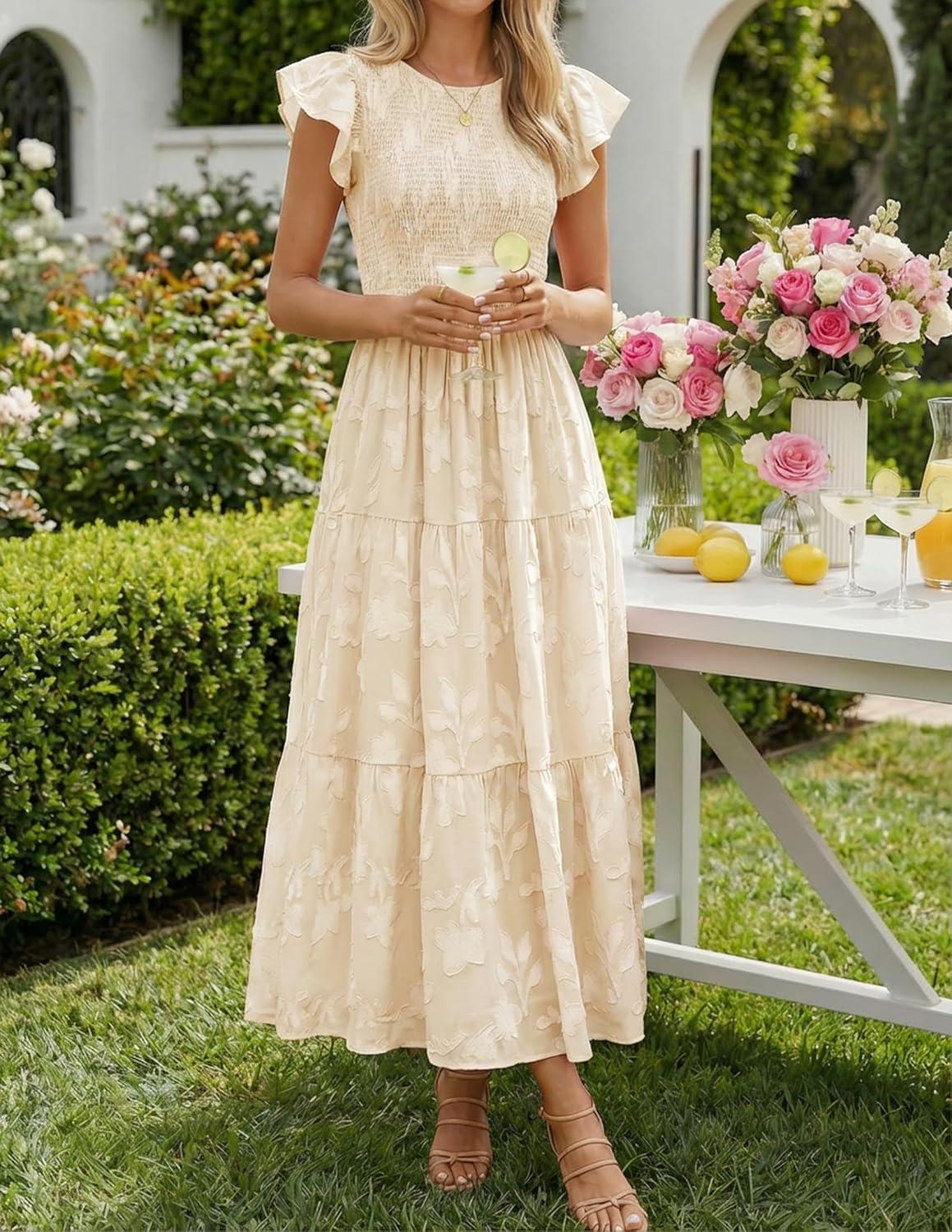 imageZESICA Womens Summer Boho Floral Midi Dress 2026 Casual Flutter Short Sleeve Crewneck Smocked Flowy Beach Long DressesApricot