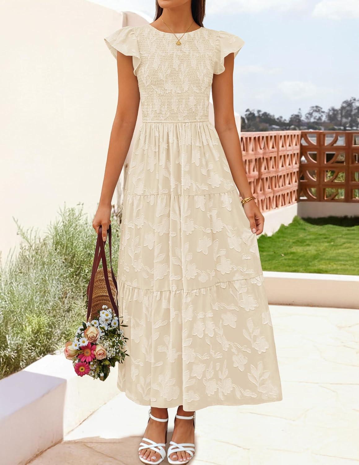 imageZESICA Womens Summer Boho Floral Midi Dress 2026 Casual Flutter Short Sleeve Crewneck Smocked Flowy Beach Long DressesApricot