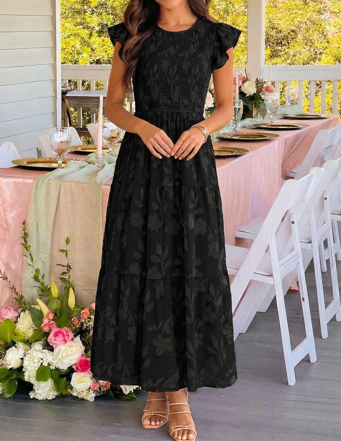 imageZESICA Womens Summer Boho Floral Midi Dress 2026 Casual Flutter Short Sleeve Crewneck Smocked Flowy Beach Long DressesBlack
