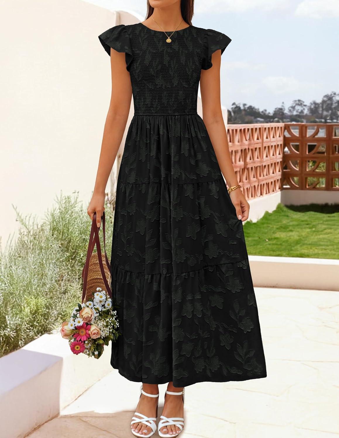 imageZESICA Womens Summer Boho Floral Midi Dress 2026 Casual Flutter Short Sleeve Crewneck Smocked Flowy Beach Long DressesBlack