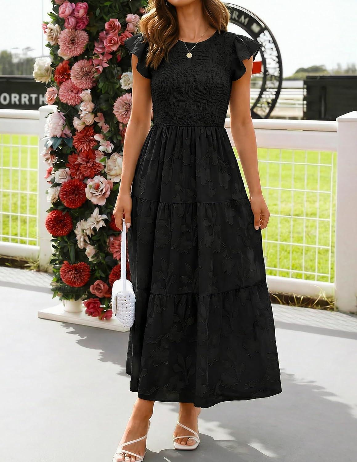 imageZESICA Womens Summer Boho Floral Midi Dress 2026 Casual Flutter Short Sleeve Crewneck Smocked Flowy Beach Long DressesBlack