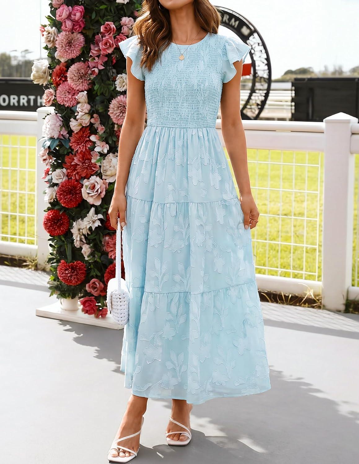 imageZESICA Womens Summer Boho Floral Midi Dress 2026 Casual Flutter Short Sleeve Crewneck Smocked Flowy Beach Long DressesBlue
