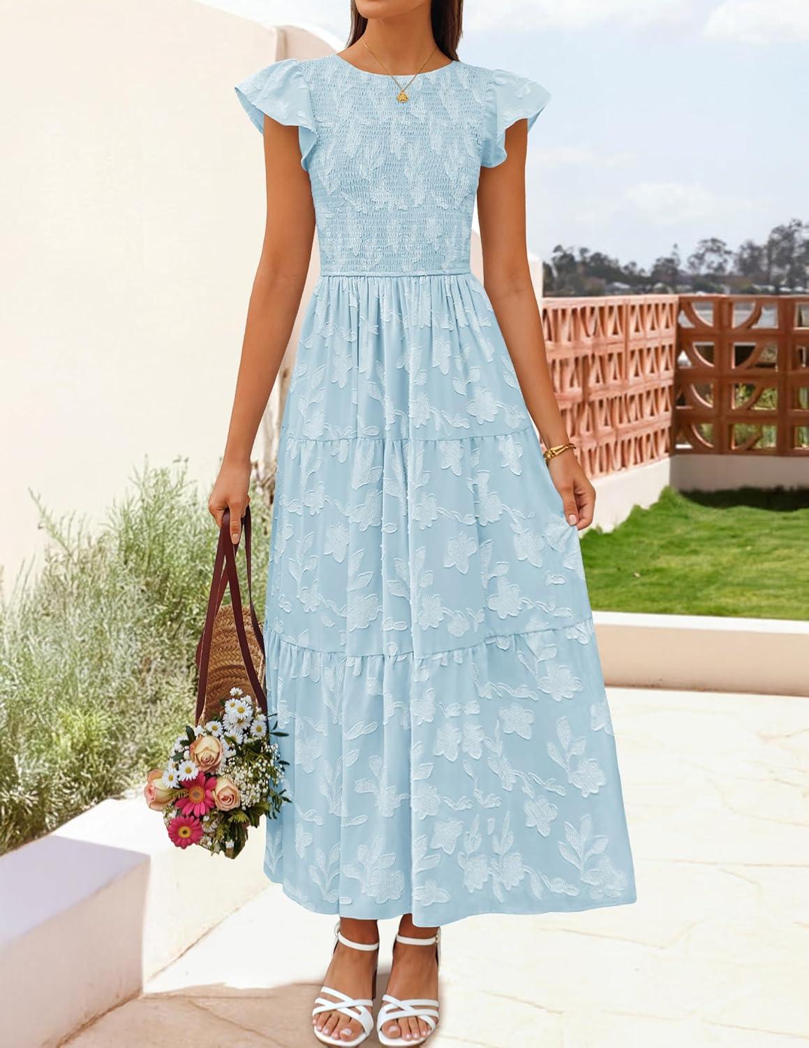 imageZESICA Womens Summer Boho Floral Midi Dress 2026 Casual Flutter Short Sleeve Crewneck Smocked Flowy Beach Long DressesBlue