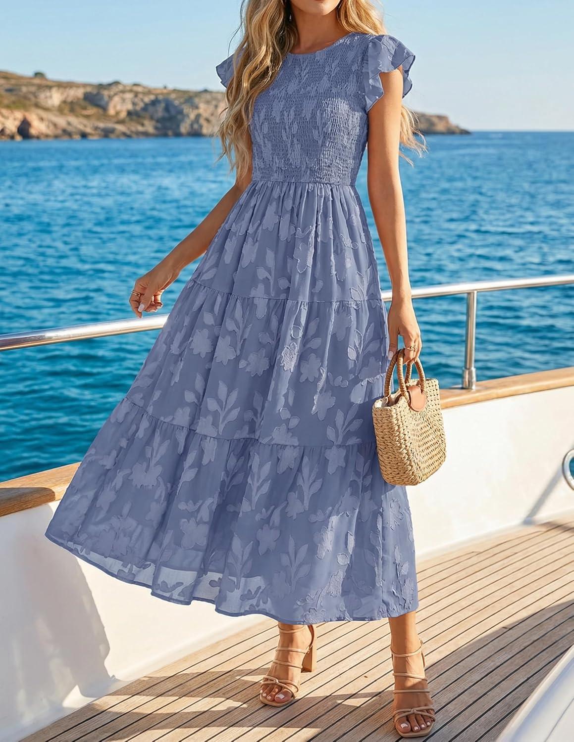 imageZESICA Womens Summer Boho Floral Midi Dress 2026 Casual Flutter Short Sleeve Crewneck Smocked Flowy Beach Long DressesDustyblue
