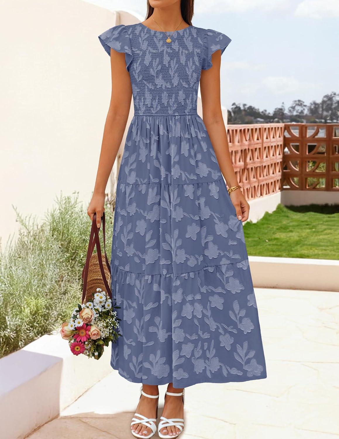 imageZESICA Womens Summer Boho Floral Midi Dress 2026 Casual Flutter Short Sleeve Crewneck Smocked Flowy Beach Long DressesDustyblue