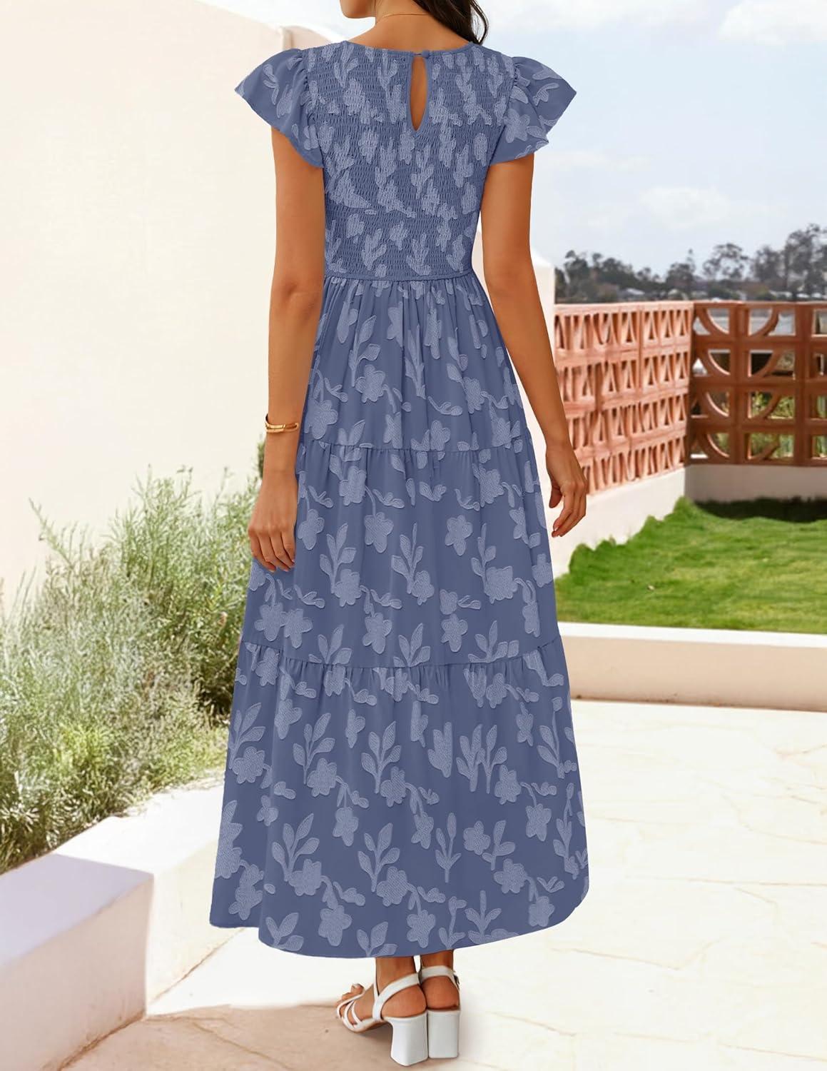 imageZESICA Womens Summer Boho Floral Midi Dress 2026 Casual Flutter Short Sleeve Crewneck Smocked Flowy Beach Long DressesDustyblue