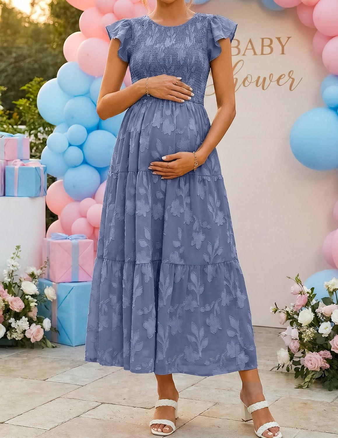 imageZESICA Womens Summer Boho Floral Midi Dress 2026 Casual Flutter Short Sleeve Crewneck Smocked Flowy Beach Long DressesDustyblue
