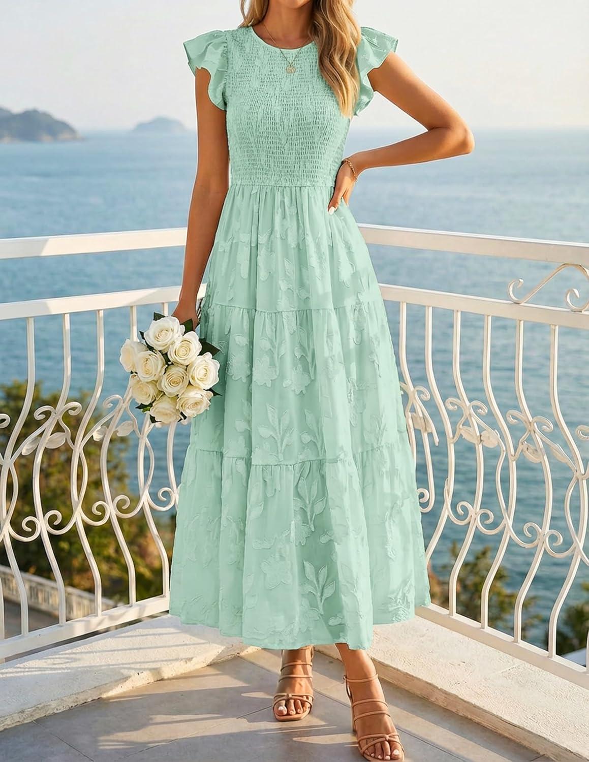 imageZESICA Womens Summer Boho Floral Midi Dress 2026 Casual Flutter Short Sleeve Crewneck Smocked Flowy Beach Long DressesSage