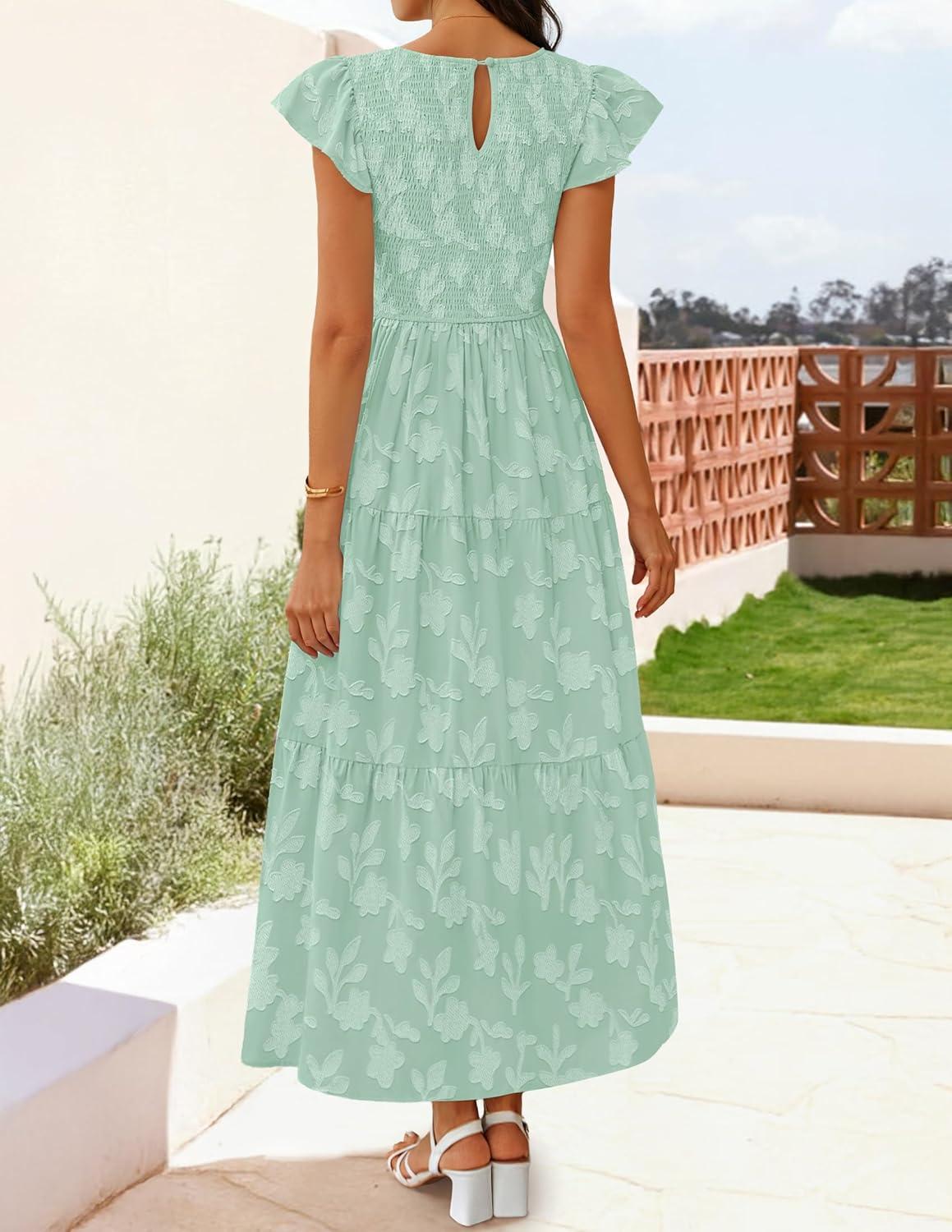 imageZESICA Womens Summer Boho Floral Midi Dress 2026 Casual Flutter Short Sleeve Crewneck Smocked Flowy Beach Long DressesSage