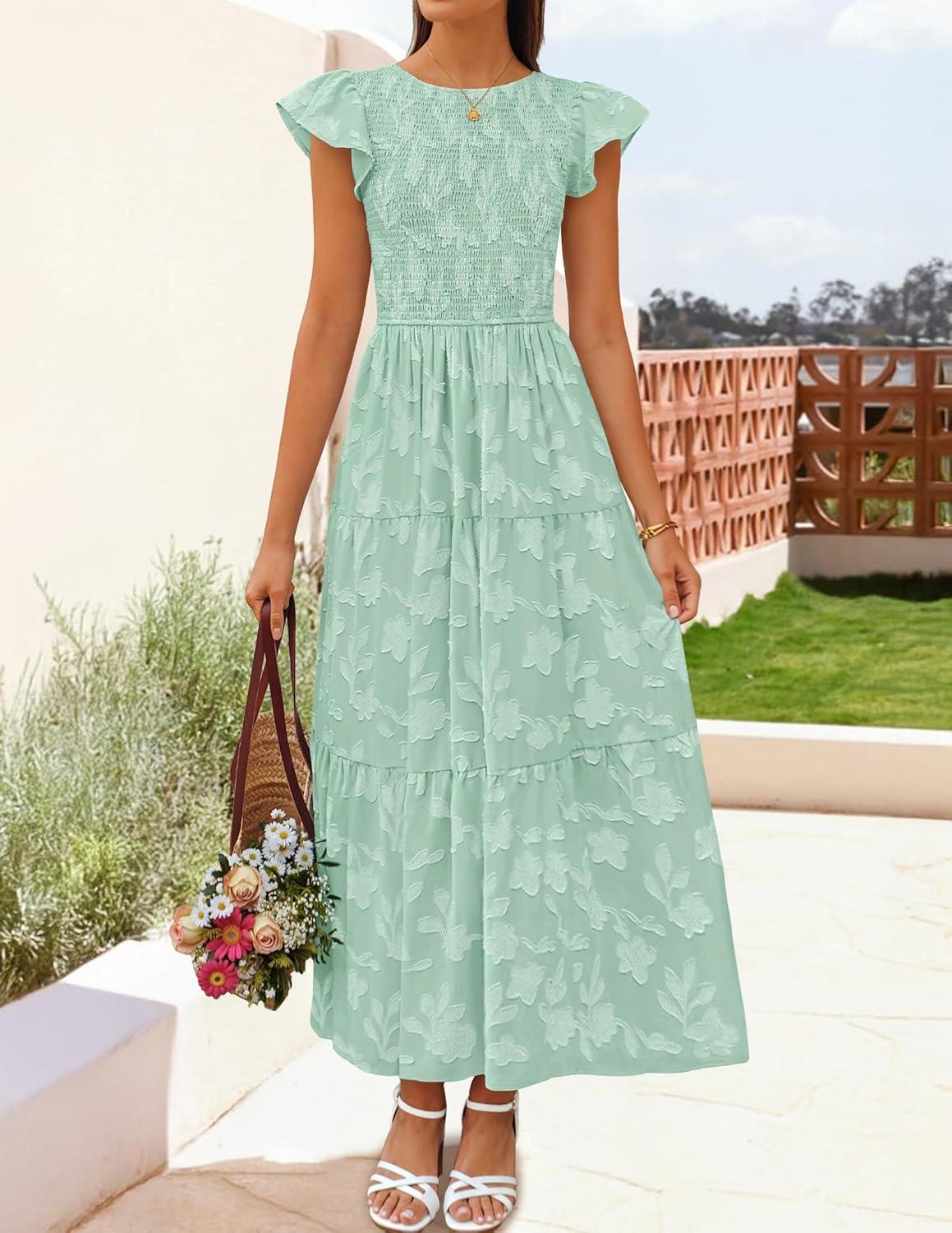 imageZESICA Womens Summer Boho Floral Midi Dress 2026 Casual Flutter Short Sleeve Crewneck Smocked Flowy Beach Long DressesSage