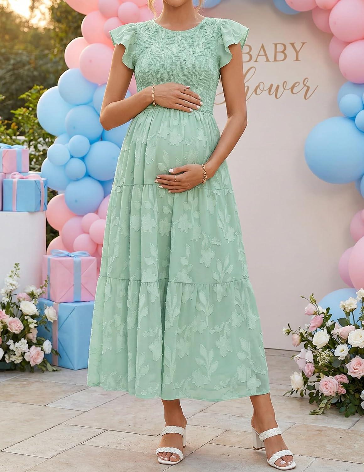 imageZESICA Womens Summer Boho Floral Midi Dress 2026 Casual Flutter Short Sleeve Crewneck Smocked Flowy Beach Long DressesSage