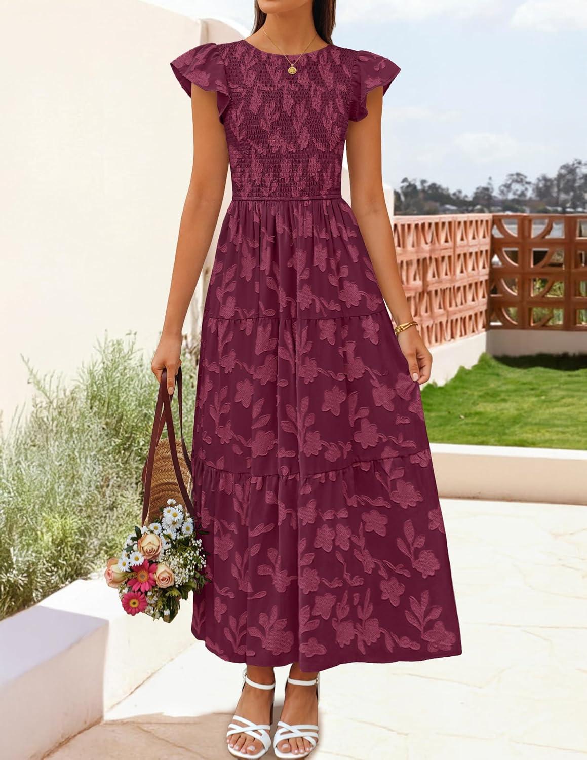imageZESICA Womens Summer Boho Floral Midi Dress 2026 Casual Flutter Short Sleeve Crewneck Smocked Flowy Beach Long DressesWine