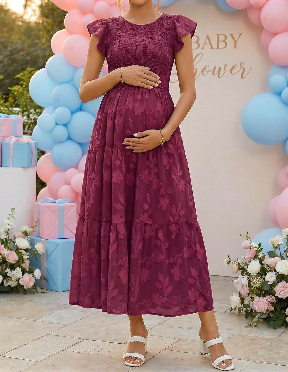 imageZESICA Womens Summer Boho Floral Midi Dress 2026 Casual Flutter Short Sleeve Crewneck Smocked Flowy Beach Long DressesWine