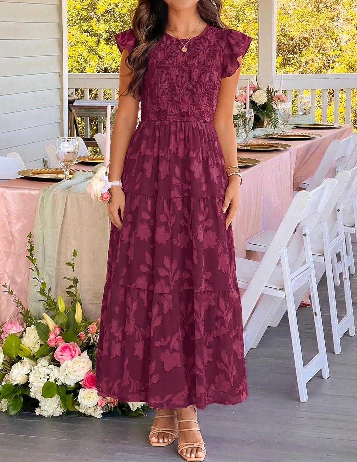 imageZESICA Womens Summer Boho Floral Midi Dress 2026 Casual Flutter Short Sleeve Crewneck Smocked Flowy Beach Long DressesWine