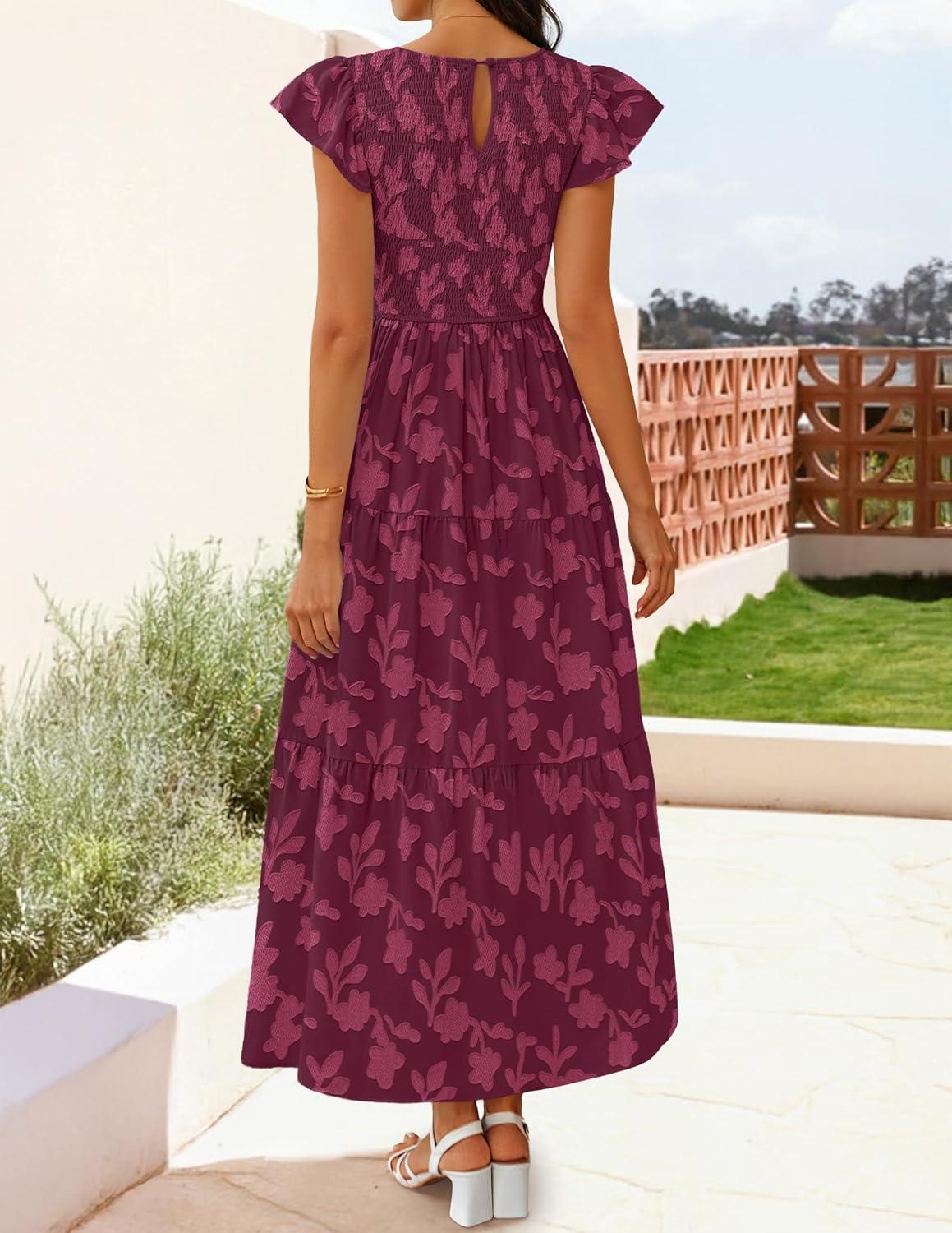 imageZESICA Womens Summer Boho Floral Midi Dress 2026 Casual Flutter Short Sleeve Crewneck Smocked Flowy Beach Long DressesWine