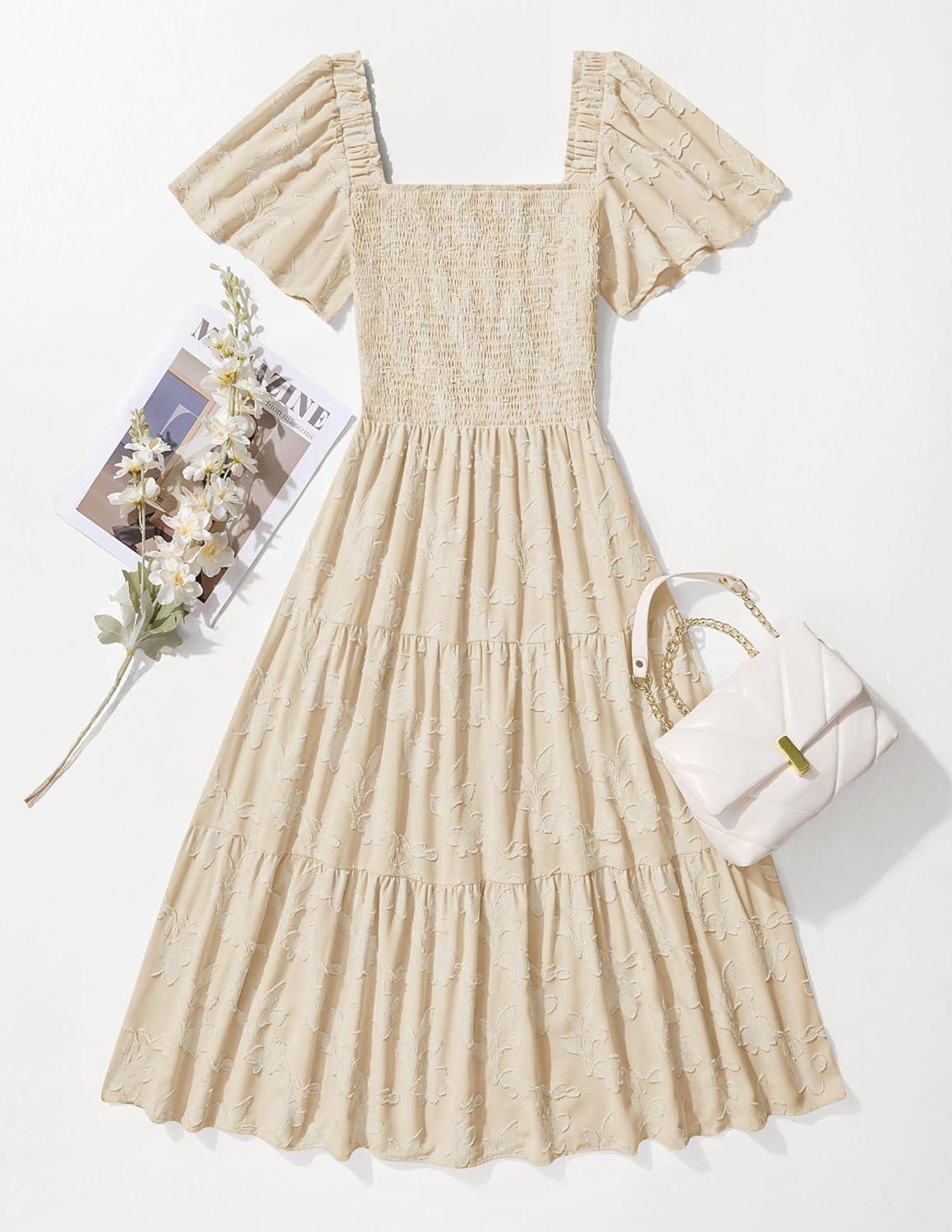imageZESICA Womens Summer Boho Floral Midi Dress 2026 Casual Short Sleeve Square Neck Flowy Beach Vacation Long DressApricot