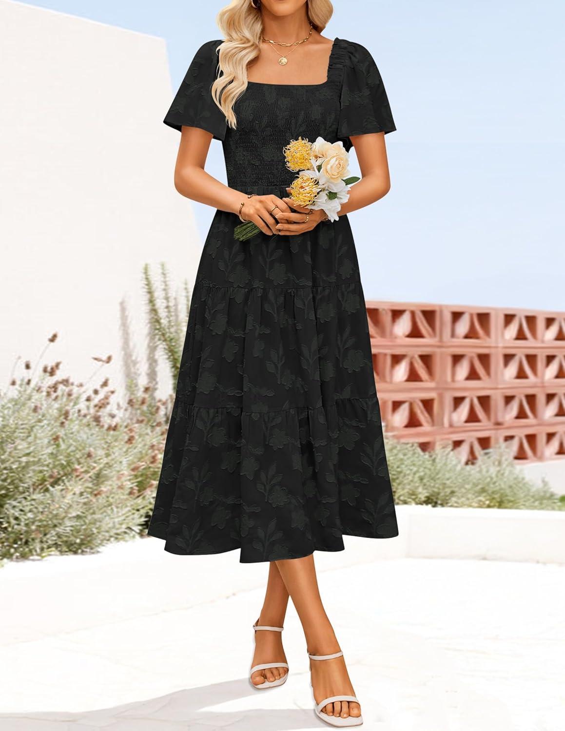 imageZESICA Womens Summer Boho Floral Midi Dress 2026 Casual Short Sleeve Square Neck Flowy Beach Vacation Long DressBlack
