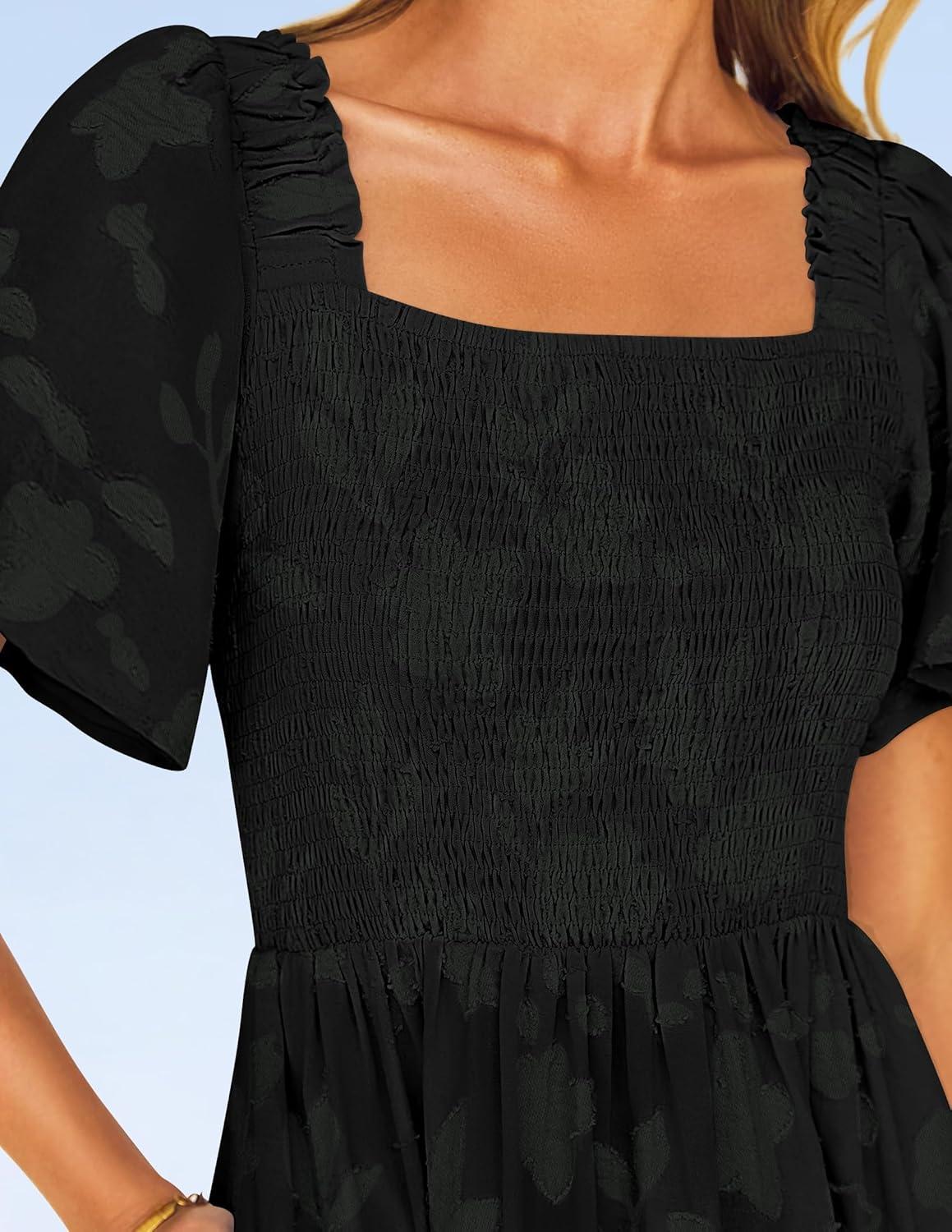 imageZESICA Womens Summer Boho Floral Midi Dress 2026 Casual Short Sleeve Square Neck Flowy Beach Vacation Long DressBlack