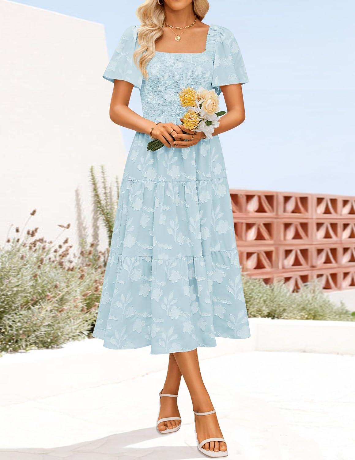 imageZESICA Womens Summer Boho Floral Midi Dress 2026 Casual Short Sleeve Square Neck Flowy Beach Vacation Long DressBlue