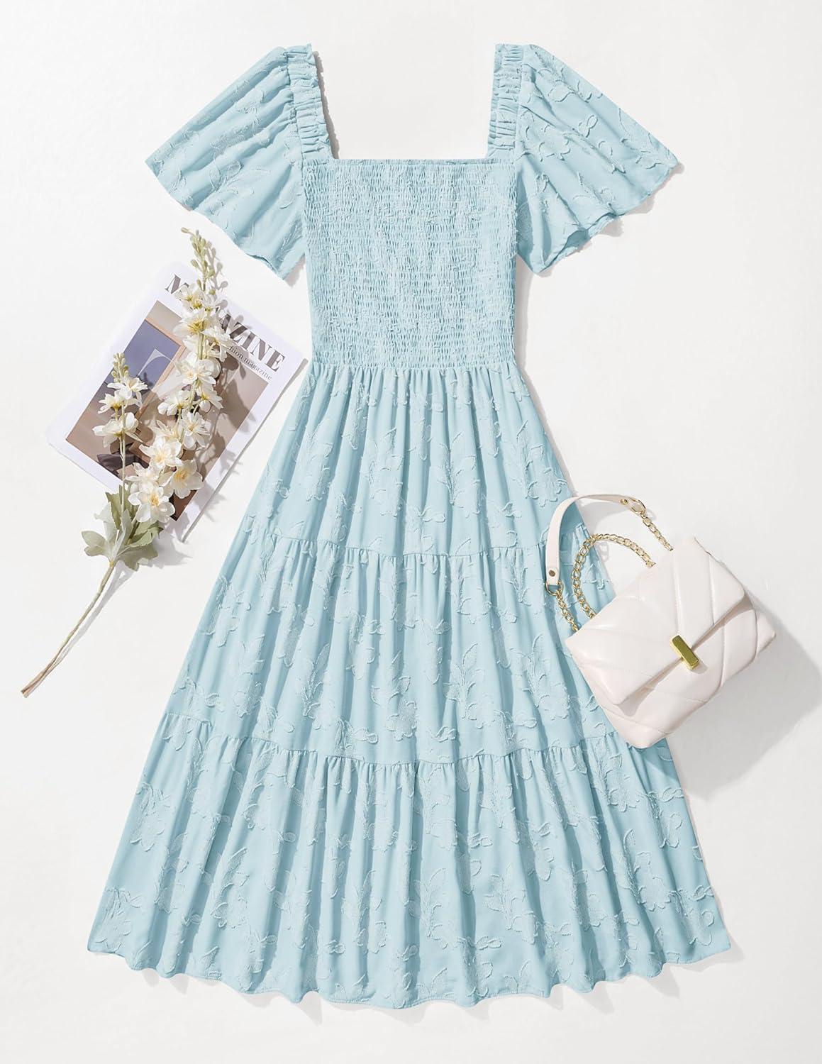 imageZESICA Womens Summer Boho Floral Midi Dress 2026 Casual Short Sleeve Square Neck Flowy Beach Vacation Long DressBlue