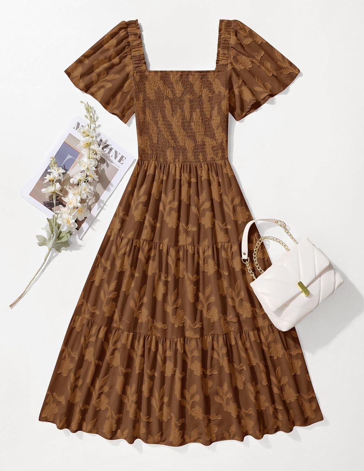 imageZESICA Womens Summer Boho Floral Midi Dress 2026 Casual Short Sleeve Square Neck Flowy Beach Vacation Long DressCaramel