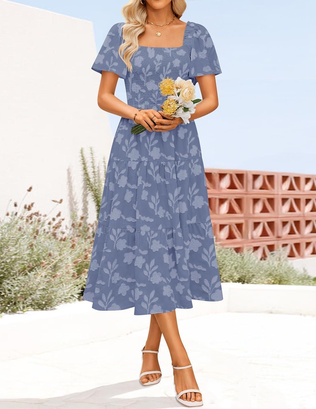 imageZESICA Womens Summer Boho Floral Midi Dress 2026 Casual Short Sleeve Square Neck Flowy Beach Vacation Long DressDustyblue