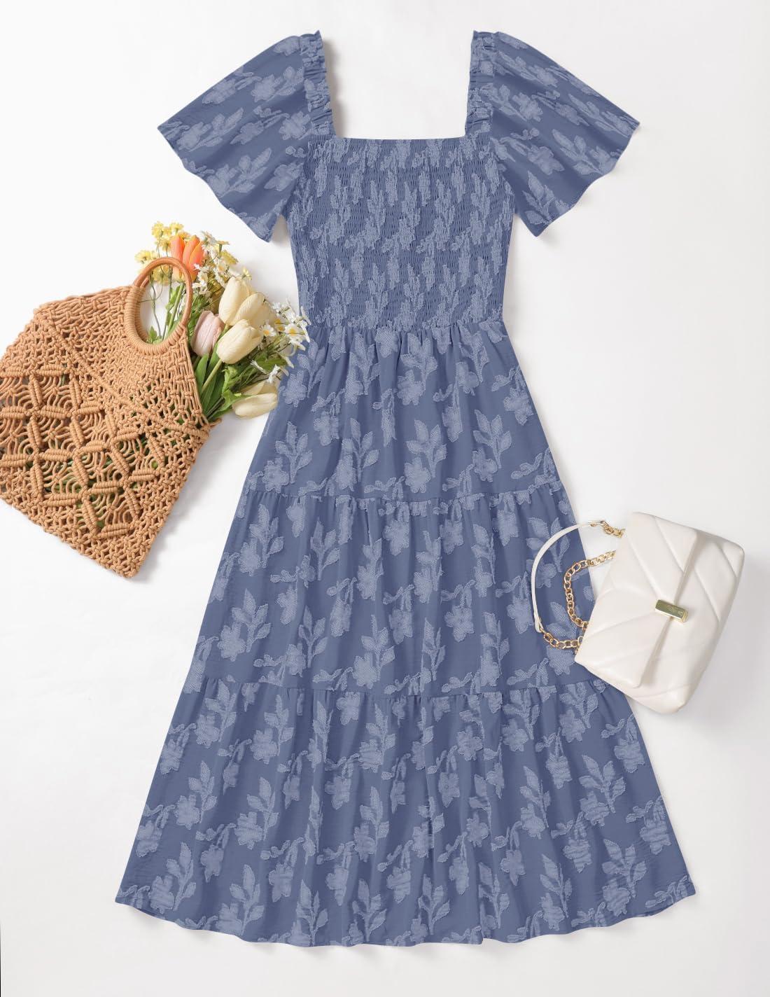 imageZESICA Womens Summer Boho Floral Midi Dress 2026 Casual Short Sleeve Square Neck Flowy Beach Vacation Long DressDustyblue